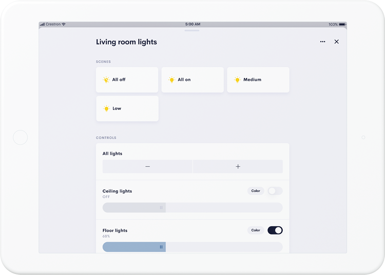 crestron interface on white touch panel