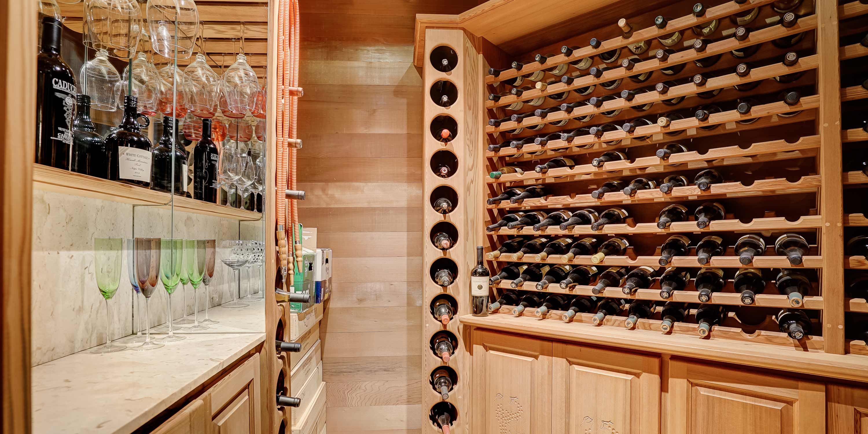 wooden accents in wine cellar