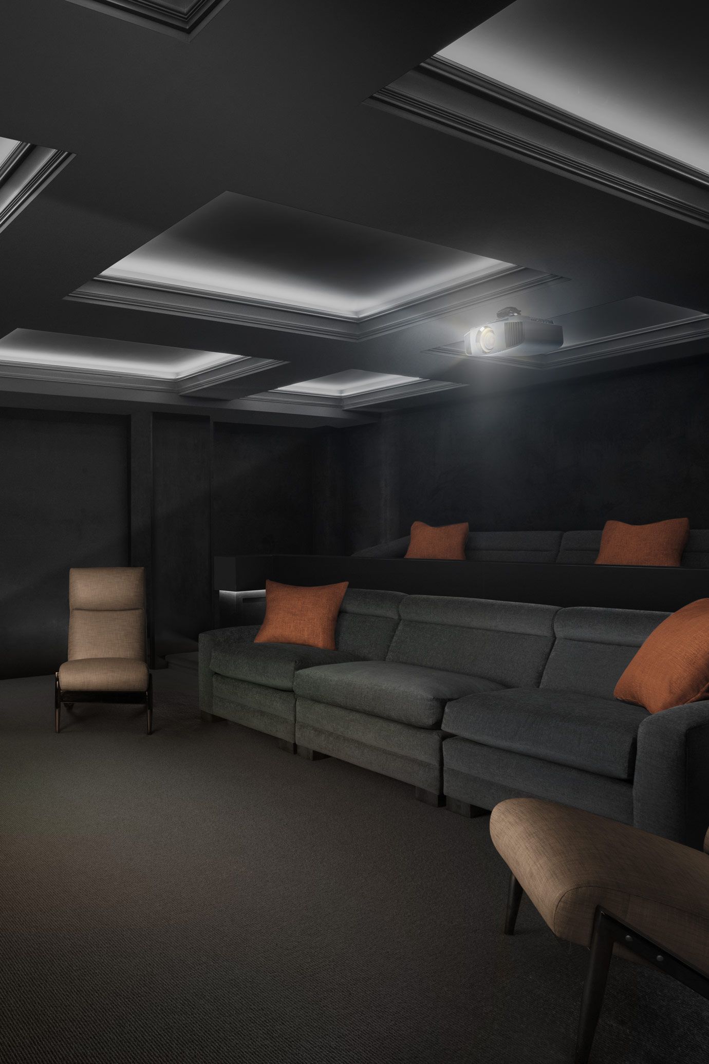 Custom Seating in a home theater with black leather chairs