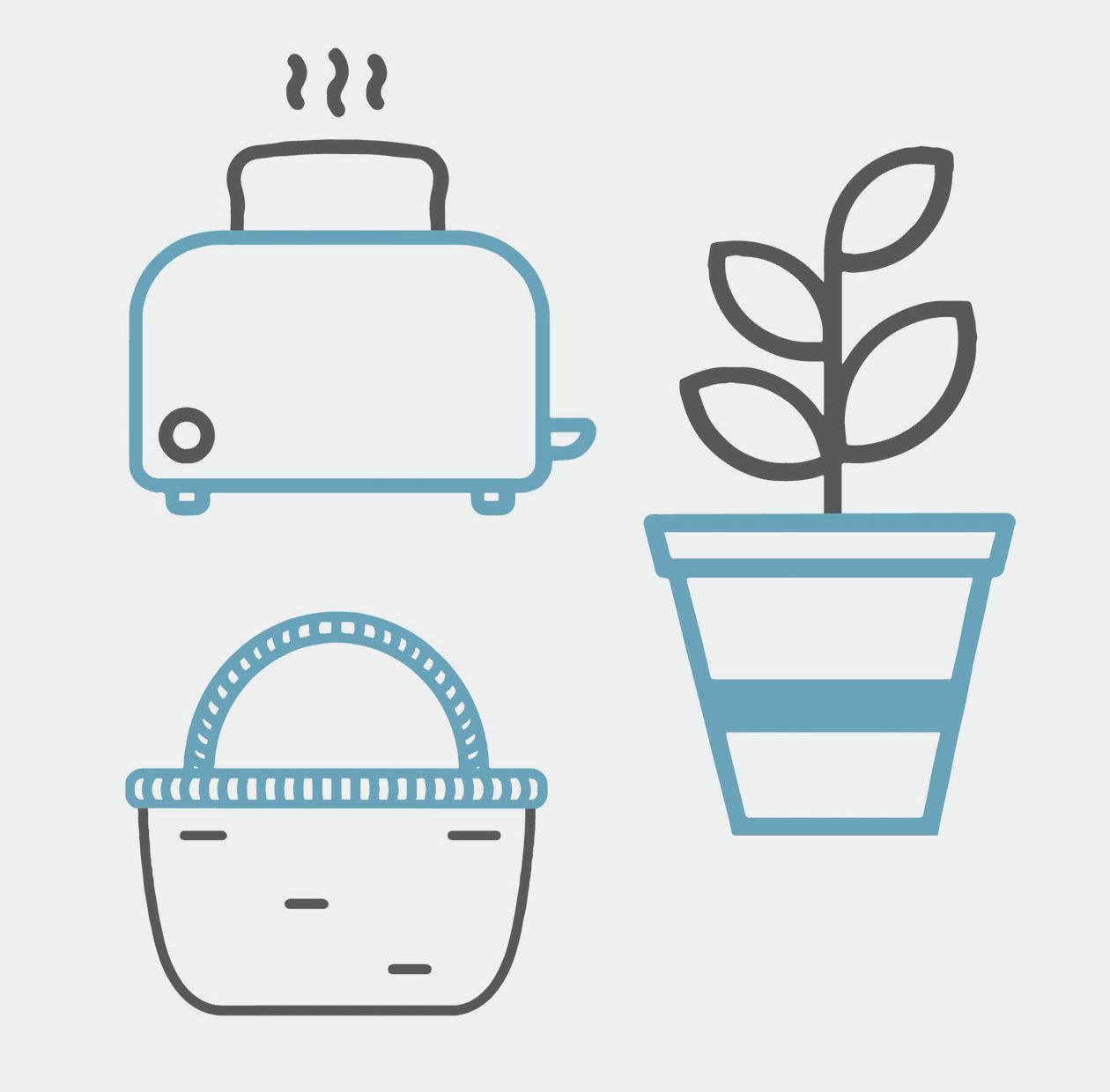 icon of toaster, plant and basket