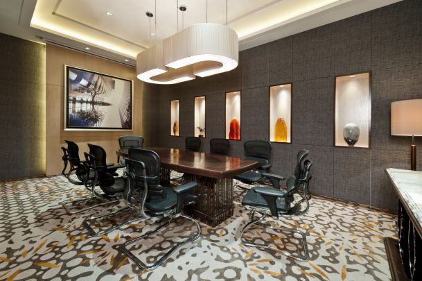 conference room with LED lighting and wooden table