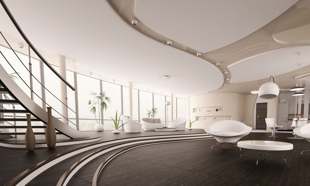 Modern interior space with curved staircase, large windows, and contemporary minimalist décor.