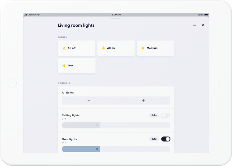 crestron interface on white touch panel