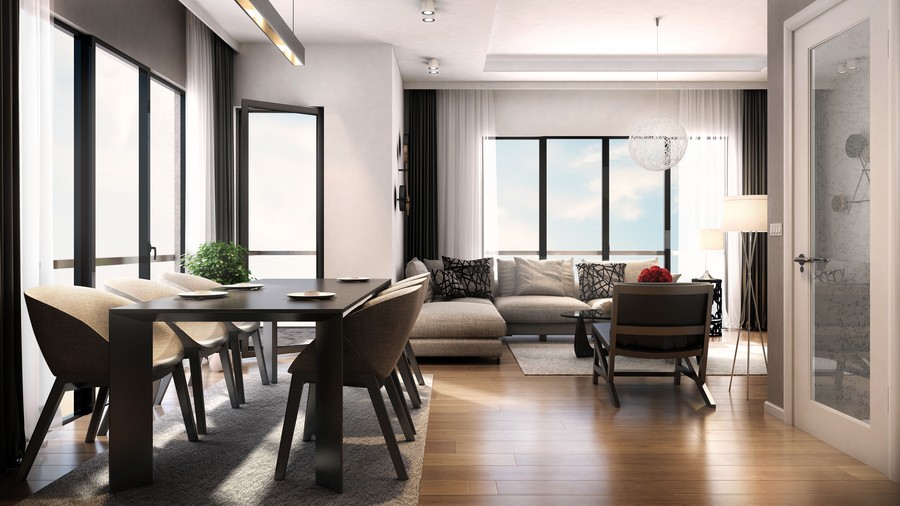 living room and dining room setup with smart lighting chandeliers and floor-to-ceiling windows in the background  