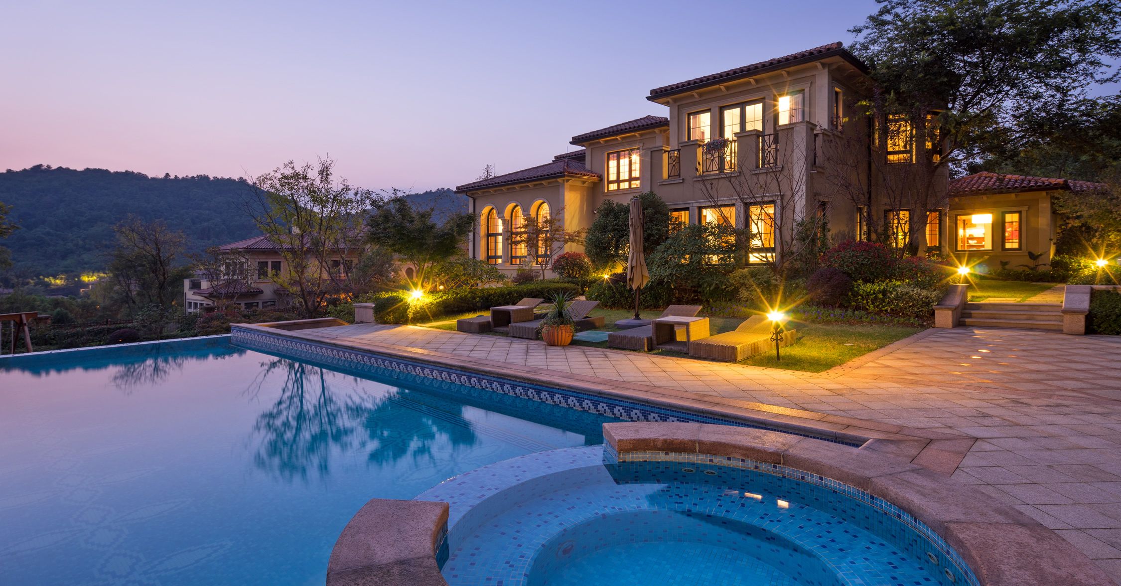 california home at dusk with pool