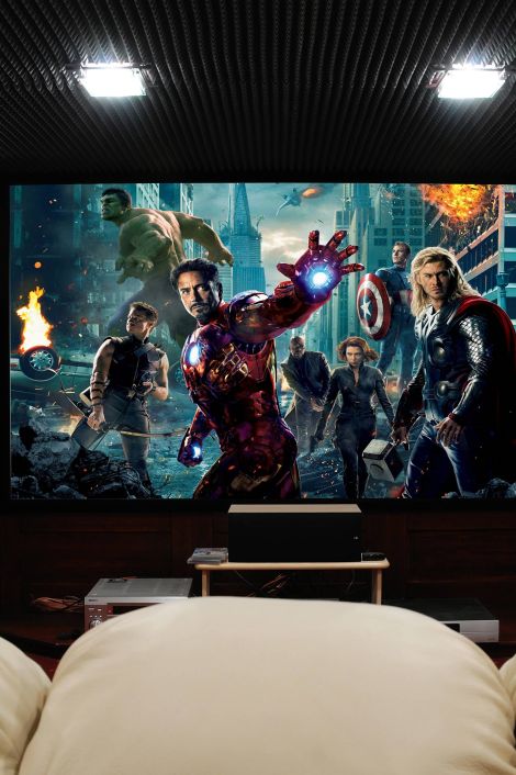 home theater screen with Avengers still on it